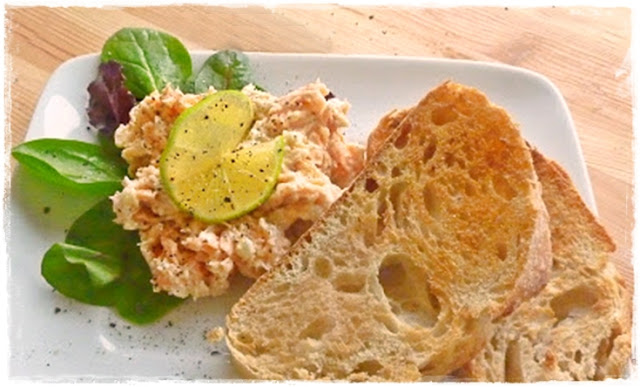 salmon pate made with Boursin and roasted garlic